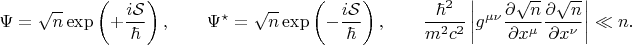 $$
\Psi = \sqrt{n} \exp \left( +\frac{i \mathcal S}{\hbar} \right),
\qquad
\Psi^{\star} = \sqrt{n} \exp \left( -\frac{i \mathcal S}{\hbar} \right),
\qquad
\frac{\hbar^2}{m^2 c^2} \left| g^{\mu \nu}
\frac{\partial \sqrt{n}}{\partial x^{\mu}}
\frac{\partial \sqrt{n}}{\partial x^{\nu}} \right| \ll n.
$$ $$
\Psi = \sqrt{n} \exp \left( +\frac{i \mathcal S}{\hbar} \right),
\qquad
\Psi^{\star} = \sqrt{n} \exp \left( -\frac{i \mathcal S}{\hbar} \right),
\qquad
\frac{\hbar^2}{m^2 c^2} \left| g^{\mu \nu}
\frac{\partial \sqrt{n}}{\partial x^{\mu}}
\frac{\partial \sqrt{n}}{\partial x^{\nu}} \right| \ll n.
$$