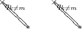 $$\begin{xy} /r1cm/:,
(0,1)*{\times}*+!UL=0{q_{k\ne m}}; (1,0)*=0{*}**@{=}; (2,1)*{\times}*+!UL=0{q_{k\ne m}}*\frm{-}; (3,0)*=0{*}*\frm{-}**@{=};
\end{xy}$$