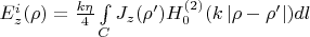 $E_z^i(\rho) = \frac{k \eta}{4} \int\limits_{C}^{}J_z(\rho^\prime)H_0^{(2)}(k\left\lvert \rho-\rho^\prime \right\rvert) dl$ $E_z^i(\rho) = \frac{k \eta}{4} \int\limits_{C}^{}J_z(\rho^\prime)H_0^{(2)}(k\left\lvert \rho-\rho^\prime \right\rvert) dl$
