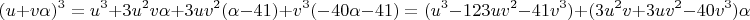 $$(u+v\alpha)^3 = u^3 + 3u^2v\alpha + 3uv^2(\alpha-41) + v^3(-40\alpha-41) = (u^3 - 123uv^2 - 41v^3) + (3u^2v + 3uv^2 - 40v^3)\alpha$$