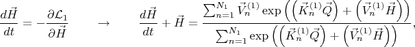 $$
\frac{d \vec{H}}{d t} = - \frac{\partial \mathcal{L}_{1}}{\partial \vec{H}}
\qquad \to \qquad 
\frac{d \vec{H}}{d t} + \vec{H} = \frac{\sum_{n = 1}^{N_{1}} \vec{V}^{(1)}_{n}
\exp \left( \left(\vec{K}^{(1)}_{n} \vec{Q}\right) + \left(\vec{V}^{(1)}_{n} \vec{H}\right) \right)}{\sum_{n = 1}^{N_{1}}
\exp \left( \left(\vec{K}^{(1)}_{n} \vec{Q}\right) + \left(\vec{V}^{(1)}_{n} \vec{H}\right) \right)},
$$