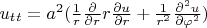 $u_t_t={a^2}(\frac{1}{r}\frac{\partial}{\partial r}r\frac{\partial u}{\partial r}+\frac{1}{r^2}\frac{\partial ^2u}{\partial \varphi^2})$