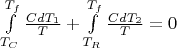 $\int\limits_{T_C}^{T_f} \frac{C d T_1}{T} + \int\limits_{T_R}^{T_f} \frac{C d T_2}{T} = 0$