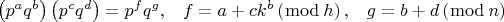 $$\begin{matrix}\left(p^a q^b\right)\left(p^c q^d\right)=p^f q^g,&f=a+c k^b\left(\bmod\,h\right),&g=b+d\left(\bmod\,n\right)\\ \end{matrix}$$