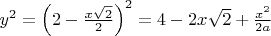 $y^2= \left( 2-\frac { x\sqrt2 }{2} \right)^2=4-2 x\sqrt2+\frac{ x^2 }{2a}$