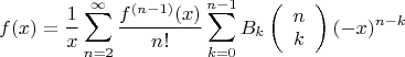 $$
f(x)=\frac{1}{x}\sum _{n=2}^{\infty } \frac{ f^{(n-1)}(x)}{n!}\sum _{k=0}^{n-1} B_k \left(
\begin{array}{c}
 n \\
 k
\end{array}
\right) (-x)^{n-k}
$$
