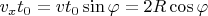 $v_x t_0 = v t_0 \sin \varphi = 2R \cos \varphi$