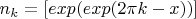 $n_k=[exp(exp(2\pi k-x))]$