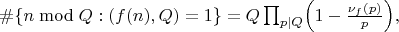 $\#\{n\bmod Q : (f(n),Q)=1\} = Q\prod_{p\mid Q}\Bigl(1-\frac{\nu_f(p)}{p}\Bigr), $