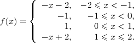 $$f(x) =  \left\{ \begin{array}{rr}  
-x-2, &  -2 \leqslant x < -1, \\  
-1, &  -1 \leqslant x < 0, \\ 
1, &  0 \leqslant x < 1, \\
-x+2, &  1 \leqslant x \leqslant 2.  \end{array}$$