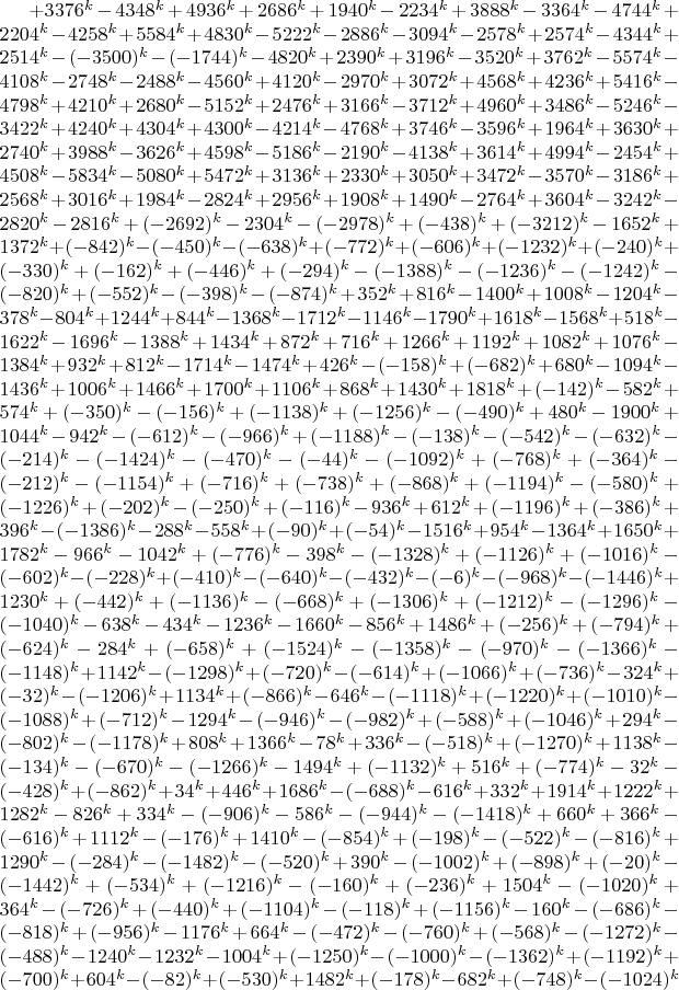 $+3376^k-4348^k+4936^k+2686^k+1940^k-2234^k+3888^k-3364^k-4744^k+2204^k-4258^k+5584^k+4830^k-5222^k-2886^k-3094^k-2578^k+2574^k-4344^k+2514^k-(-3500)^k-(-1744)^k-4820^k+2390^k+3196^k-3520^k+3762^k-5574^k-4108^k-2748^k-2488^k-4560^k+4120^k-2970^k+3072^k+4568^k+4236^k+5416^k-4798^k+4210^k+2680^k-5152^k+2476^k+3166^k-3712^k+4960^k+3486^k-5246^k-3422^k+4240^k+4304^k+4300^k-4214^k-4768^k+3746^k-3596^k+1964^k+3630^k+2740^k+3988^k-3626^k+4598^k-5186^k-2190^k-4138^k
+3614^k+4994^k-2454^k+4508^k-5834^k-5080^k+5472^k+3136^k+2330^k+3050^k+3472^k-3570^k-3186^k+2568^k+3016^k+1984^k-2824^k+2956^k+1908^k+1490^k-2764^k+3604^k-3242^k-2820^k-2816^k+(-2692)^k-2304^k-(-2978)^k+(-438)^k+(-3212)^k-1652^k+1372^k+(-842)^k-(-450)^k-(-638)^k+(-772)^k+(-606)^k+(-1232)^k+(-240)^k+(-330)^k+(-162)^k+(-446)^k+(-294)^k-(-1388)^k-(-1236)^k-(-1242)^k-(-820)^k+(-552)^k-(-398)^k-(-874)^k+352^k+816^k-1400^k+1008^k-1204^k-378^k-804^k+1244^k+844^k-1368^k-1712^k-1146^k-1790^k+1618^k-1568^k+518^k-1622^k-1696^k-1388^k+1434^k+872^k+716^k+1266^k+1192^k+1082^k+1076^k-1384^k+932^k+812^k-1714^k-1474^k+426^k-(-158)^k+(-682)^k+680^k-1094^k-1436^k+1006^k+1466^k+1700^k+1106^k+868^k+1430^k+1818^k+(-142)^k-582^k+574^k+(-350)^k-(-156)^k+(-1138)^k+(-1256)^k-(-490)^k+480^k-1900^k+1044^k-942^k-(-612)^k-(-966)^k+(-1188)^k-(-138)^k-(-542)^k-(-632)^k-(-214)^k-(-1424)^k-(-470)^k-(-44)^k-(-1092)^k+(-768)^k+(-364)^k-(-212)^k-(-1154)^k+(-716)^k+(-738)^k+(-868)^k+(-1194)^k-(-580)^k+(-1226)^k+(-202)^k-(-250)^k+(-116)^k-936^k+612^k+(-1196)^k+(-386)^k+396^k-(-1386)^k-288^k-558^k+(-90)^k+(-54)^k-1516^k+954^k-1364^k+1650^k+1782^k-966^k-1042^k+(-776)^k-398^k-(-1328)^k+(-1126)^k+(-1016)^k-(-602)^k-(-228)^k+(-410)^k-(-640)^k-(-432)^k-(-6)^k-(-968)^k-(-1446)^k+1230^k+(-442)^k+(-1136)^k-(-668)^k+(-1306)^k+(-1212)^k-(-1296)^k-(-1040)^k-638^k-434^k-1236^k-1660^k-856^k+1486^k+(-256)^k+(-794)^k+(-624)^k-284^k+(-658)^k+(-1524)^k-(-1358)^k-(-970)^k-(-1366)^k-(-1148)^k+1142^k-(-1298)^k+(-720)^k-(-614)^k+(-1066)^k+(-736)^k-324^k+(-32)^k-(-1206)^k+1134^k+(-866)^k-646^k-(-1118)^k+(-1220)^k+(-1010)^k-(-1088)^k+(-712)^k-1294^k-(-946)^k-(-982)^k+(-588)^k+(-1046)^k+294^k-(-802)^k-(-1178)^k+808^k+1366^k-78^k+336^k-(-518)^k+(-1270)^k+1138^k-(-134)^k-(-670)^k-(-1266)^k-1494^k+(-1132)^k+516^k+(-774)^k-32^k-(-428)^k+(-862)^k+34^k+446^k+1686^k-(-688)^k-616^k+332^k+1914^k+1222^k+1282^k-826^k+334^k-(-906)^k-586^k-(-944)^k-(-1418)^k+660^k+366^k-(-616)^k+1112^k-(-176)^k+1410^k-(-854)^k+(-198)^k-(-522)^k-(-816)^k+1290^k-(-284)^k-(-1482)^k-(-520)^k+390^k-(-1002)^k+(-898)^k+(-20)^k-(-1442)^k+(-534)^k+(-1216)^k-(-160)^k+(-236)^k+1504^k-(-1020)^k+364^k-(-726)^k+(-440)^k+(-1104)^k-(-118)^k+(-1156)^k-160^k-(-686)^k-(-818)^k+(-956)^k-1176^k+664^k-(-472)^k-(-760)^k+(-568)^k-(-1272)^k-(-488)^k-1240^k-1232^k-1004^k+(-1250)^k-(-1000)^k-(-1362)^k+(-1192)^k+(-700)^k+604^k-(-82)^k+(-530)^k+1482^k+(-178)^k-682^k+(-748)^k-(-1024)^k$