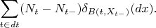 $$
\sum_{t\in dt} (N_t - N_{t-}) \delta_{B(t,X_{t-})}(dx).
$$