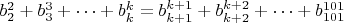 $b_2^2+b_3^3+\dotsb+b_k^k=b_{k+1}^{k+1}+b_{k+2}^{k+2}+\dotsb+b_{101}^{101}$