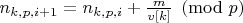 $n_{k,p,i+1}=n_{k,p,i}+\frac{m}{v[k]} \pmod p$