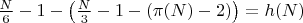 $\frac{N}{6} - 1 - \left( \frac{N}{3} - 1 - (\pi(N) - 2) \right) = h(N)$