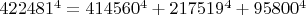 $422481^4=414560^4+217519^4+95800^4$ $422481^4=414560^4+217519^4+95800^4$