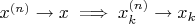 $x^{(n)}\to x \implies x^{(n)}_k\to x_k$