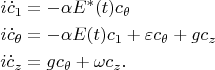 $$\begin{align} i\dot c_1&=-\alpha E^*(t)c_\theta\\ i\dot c_\theta&= -\alpha E(t)c_1+\varepsilon c_\theta +g c_z\\ i\dot c_z&=g c_\theta + \omega c_z. \end{align}$$