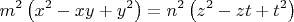 $$m^2\left( {x^2 - xy + y^2 } \right) = n^2\left( {z^2 - zt + t^2 } \right)$ $$m^2\left( {x^2 - xy + y^2 } \right) = n^2\left( {z^2 - zt + t^2 } \right)$