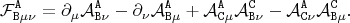 $$
{\mathcal F}^{\tt A}_{{\tt B} \mu \nu}
=
\partial_{\mu} {\mathcal A}^{\tt A}_{{\tt B} \nu}
-\partial_{\nu} {\mathcal A}^{\tt A}_{{\tt B} \mu}
+{\mathcal A}^{\tt A}_{{\tt C} \mu} {\mathcal A}^{\tt C}_{{\tt B} \nu}
-{\mathcal A}^{\tt A}_{{\tt C} \nu} {\mathcal A}^{\tt C}_{{\tt B} \mu}.
$$