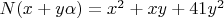 $N(x+y\alpha) = x^2 + xy + 41y^2$