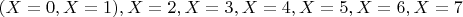 $(X=0,X=1) ,X=2,X=3,X=4,X=5,X=6,X=7$