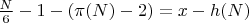 $\frac{N}{6} - 1 - (\pi(N) - 2) = x - h(N)$ $\frac{N}{6} - 1 - (\pi(N) - 2) = x - h(N)$