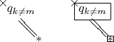 $$\begin{xy} /r1cm/:,
(0,1)*{\times}*+!UL{q_{k\ne m}}; (1,0)*{*}**@{=}; (2,1)*{\times}*+!UL{q_{k\ne m}}*\frm{-}; (3,0)*{*}*\frm{-}**@{=};
\end{xy}$$