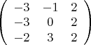 $
\left( \begin{array}{ccc} -3 & -1 & 2 \\
-3 & 0 & 2 \\
-2 & 3 & 2\end{array} \right)$ $
\left( \begin{array}{ccc} -3 & -1 & 2 \\
-3 & 0 & 2 \\
-2 & 3 & 2\end{array} \right)$