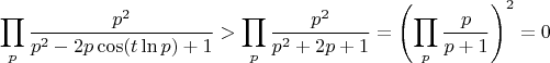 $$\prod\limits_{p} \frac {p^2} {p^2-2p \cos(t \ln p)+1}>\prod\limits_{p} \frac {p^2} {p^2+2p+1}=\left(\prod\limits_{p} \frac {p} {p+1}\right)^2=0$$