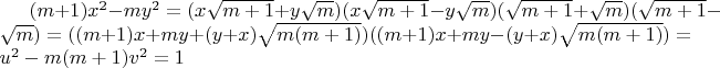 $(m+1)x^2-my^2=(x\sqrt {m+1}+y\sqrt m)(x\sqrt {m+1}-y\sqrt m)(\sqrt {m+1}+\sqrt m})(\sqrt {m+1}-\sqrt m)=((m+1)x+my+(y+x)\sqrt{m(m+1)})((m+1)x+my-(y+x)\sqrt{m(m+1)})=u^2-m(m+1)v^2=1$